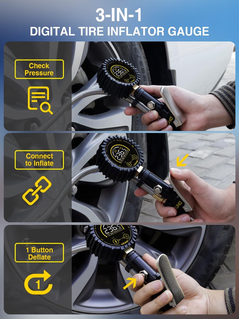 AZUNO Tire Pressure Gauge  255PSI Digital Tire Inflator Gauge Air Chuck Air Compressor Attachments  with Steel Braided Hose  Quick Connect Coupler&Carrying Case  for Truck/Car/SUV/RV/Bike - Image 4